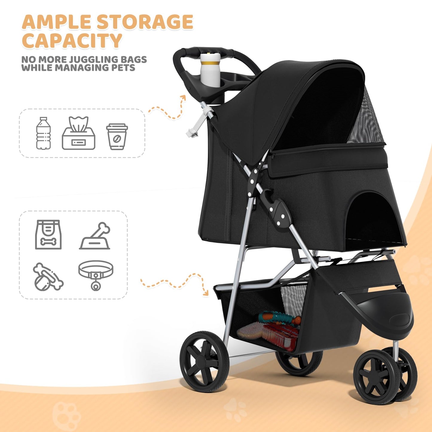 Magshion 3-Wheel Pet Stroller, Foldable Travel Jogger for Small & Medium Dogs & Cats (Up to 33lbs), Lightweight Carrier with Breathable Mesh Cover, Cup Holder & Storage Basket, Black
