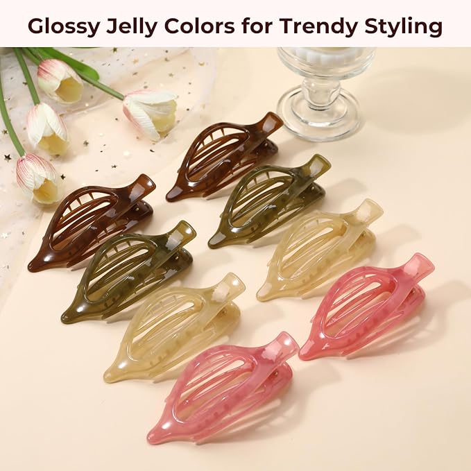 8 Pack Jelly Style Flat Hair Clips – Translucent Claw Clips in Pink, Brown, Beige, Green, Cute Matte Hair Accessories for Girls & Teens, Kawaii Y2K Styling Barrettes for Summer