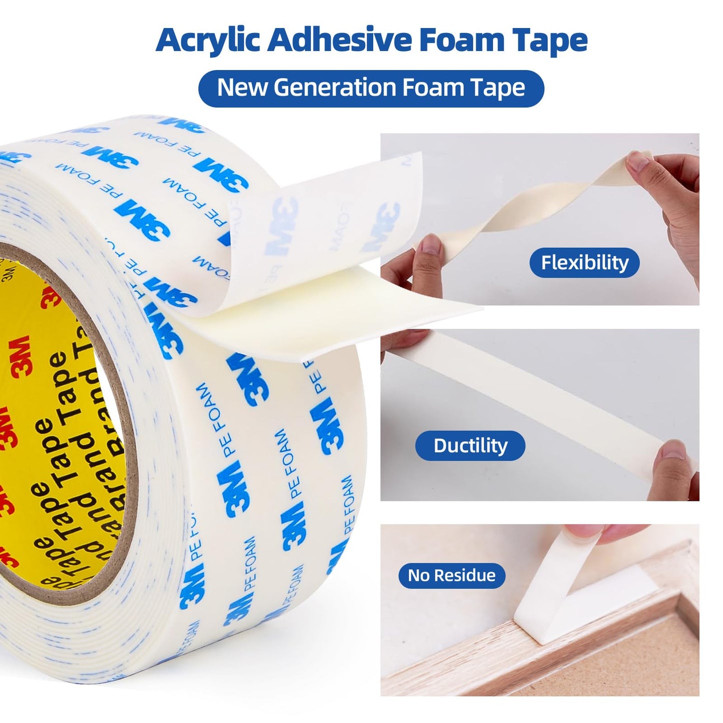 3M Double Sided Tape 2"×16.5Ft, Mounting Tape Heavy Duty No Residue, Removable PE Foam Tape Strips, Extra Strong Adhesive Tape Waterproof for Walls Home Office Decor Crafts Paint Picture Poster