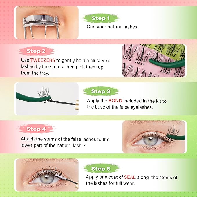 KEYYOU Naiad Lash Clusters Kit Fairy Lash Extension Kit C Curl 144Pcs Eyelash Extension Kit Wispy Natural Invisible Band Lash Kit with Waterproof DIY Lash Extension Kit at Home(Naiad-C-8-16MIX)