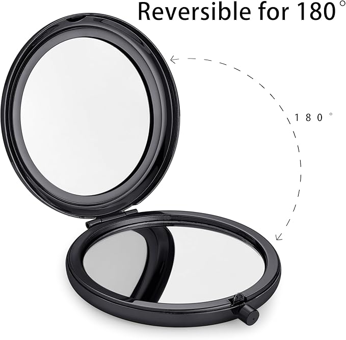Compact Mirror for Purse, Metal Round Shell, Double-Sided 1X/2X Magnifying, Portable Travel Makeup Mirror, Mini Pocket Mirror, Black, 1 Pack