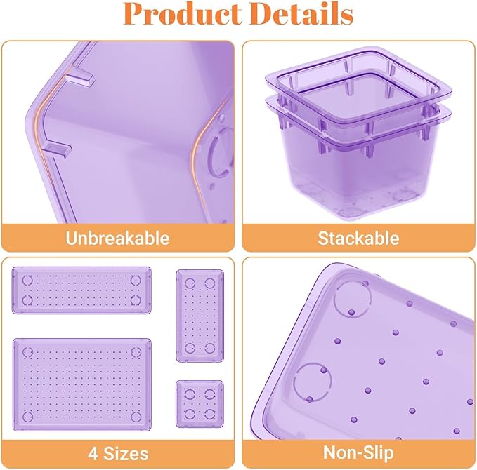 SpaceHacks 15 PCS Clear Plastic Drawer Organizer Set, 4-Size Acrylic Drawer Storage Trays, Storage Bins for Makeup, Gadgets, and Jewelry in Bathroom, Bedroom and Office, Clear Purple