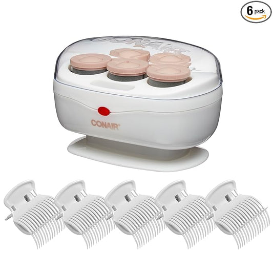 Conair Double Ceramic Hot Rollers for Long,Medium & Short Hair,5 Ceramic Flocked 1½-Inch Heated Hair Rollers with Clips,Hot Curlers for Women,Volume & Curls,Dual Voltage,Pink/White,(Pack of 6)