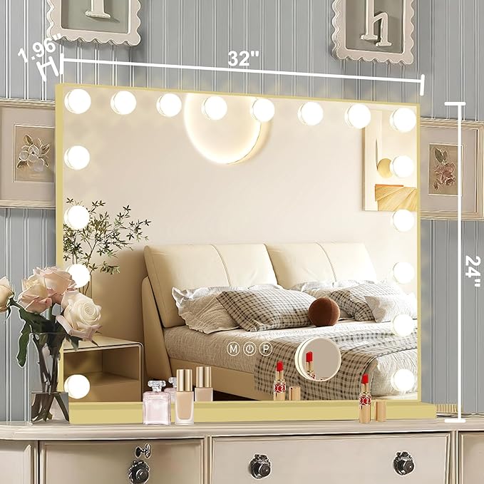 Gold Hollywood Vanity Mirror with Lights, 18 Dimmable Bulbs, 3 Color Lights,Make Up Lighted Mirror, Aluminum Metal Frame, USB Charging Port（32" x 24"）