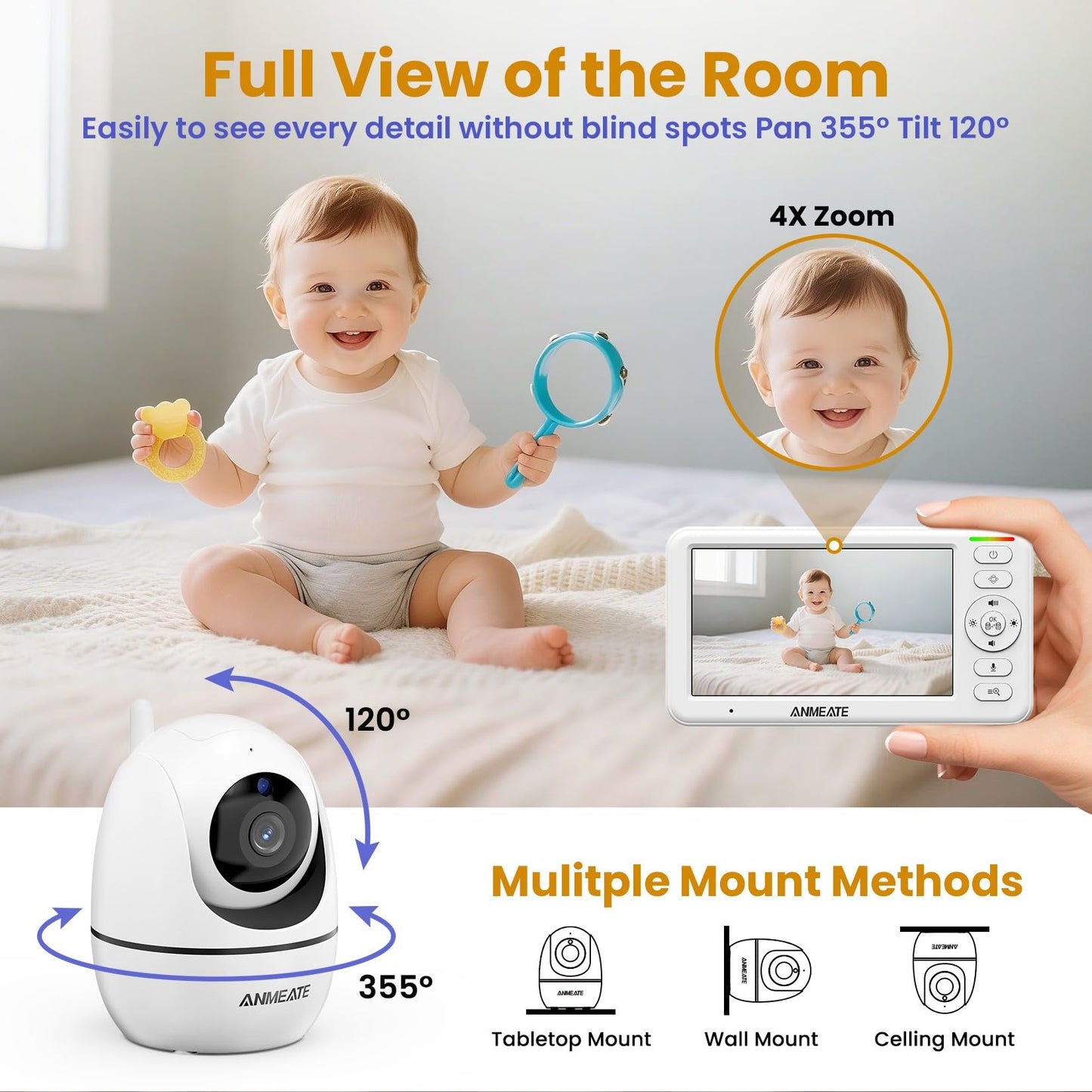 ANMEATE 5" HD Video Baby Monitor with Camera and Audio - No WiFi, 48H Battery Life,720P Remote Pan Tilt Zoom, Two-Way Talk, Night Vision, Thermal Room Monitor, Lullabies & White Noise, 1000ft Range