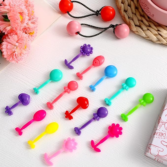 60 Pcs Self Hinge Plastic Hair Barrettes Set, Ball Bubble Hair Accessories with Elastic Ponytail Holders and Toddler Hair Ties (Novel Style)