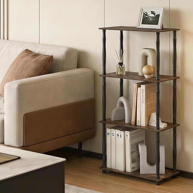 Furinno Turn-N-Tube Storage Shelves, 4-Tier Open Frame Book Shelf, Standing Corner Shelf, Toolless Open Shelves, Classic Tubes, for Organization and Storage, Living Room, Home Office, Amber Pine