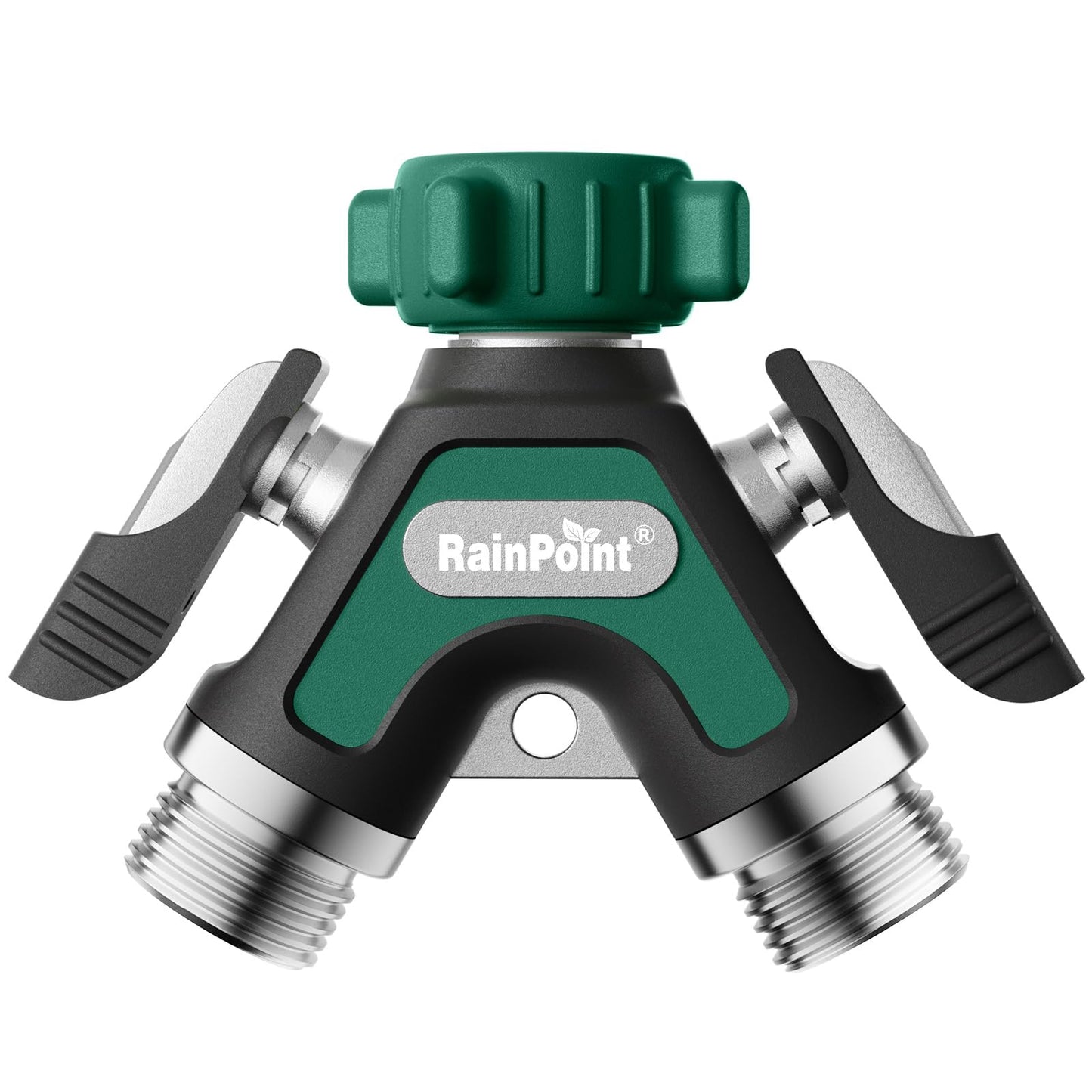 RAINPOINT Garden Hose Splitter 2 Way, All Metal Heavy Duty Water Hose Y Splitter With 2.05" Extra Long Side Handle & Shut Off Valves, 3/4 Inch GHT Thread Connector For Spigot Faucet (Dark Green)