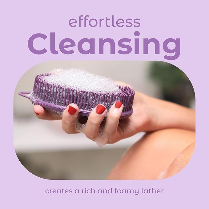 MainBasics Silicone Body Scrubber Dual-Sided Shower Loofah and Exfoliator (Purple, Exfoliate)