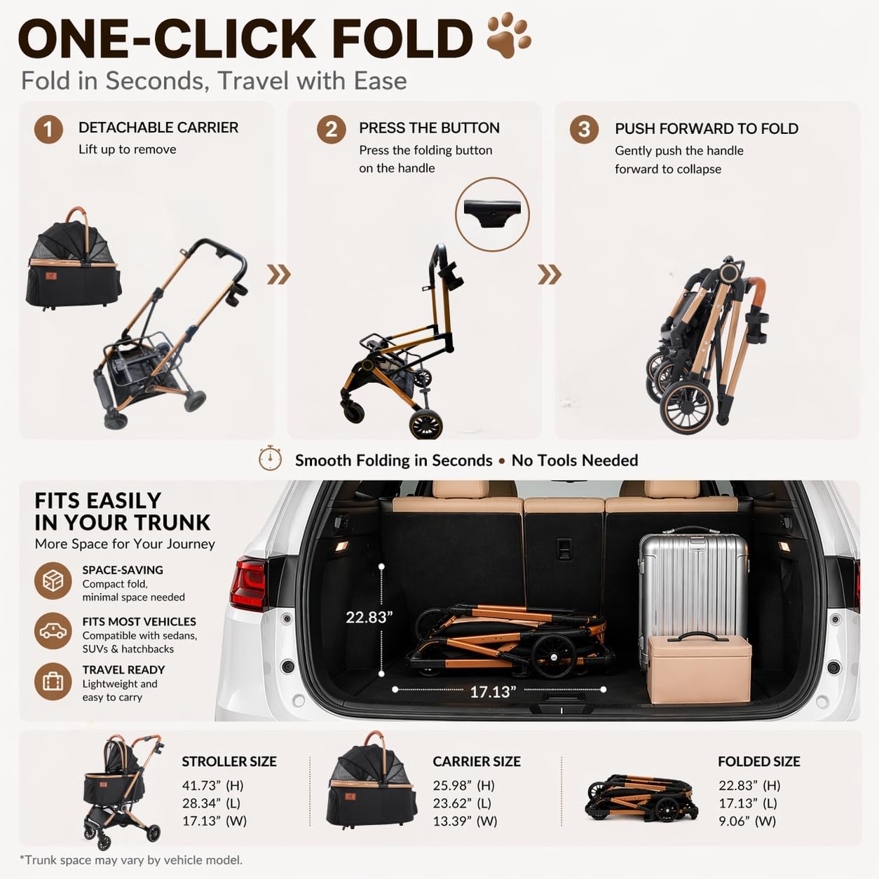 PAWPUBBY 6-in-1 Pet Stroller for Medium Dogs up to 50 lbs, Luxury Black & Gold Dog Stroller with Detachable Carrier, Foldable Travel Cat Stroller, Removable Pet Car Seat, 360° Rotating Wheels