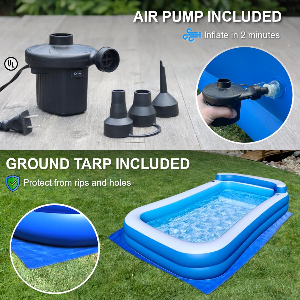 Inflatable Pool w/Bench Seat, 10ft x 6ft, Electric Pump & Ground Tarp Included - Fast Setup and Reinforced Seams