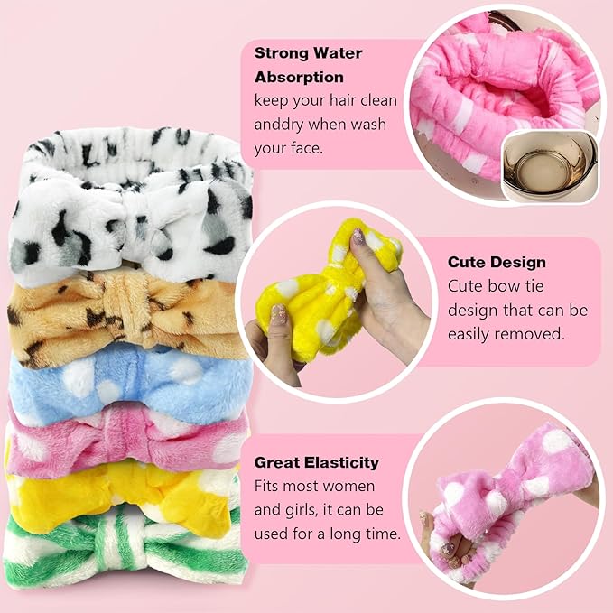 6 Pcs Spa Headband for Washing Face,Skincare Headband with Removable Bow,Furry Face wash Headbands,makeup Headbands for Women,Teen,Girls,Christmas Gifts
