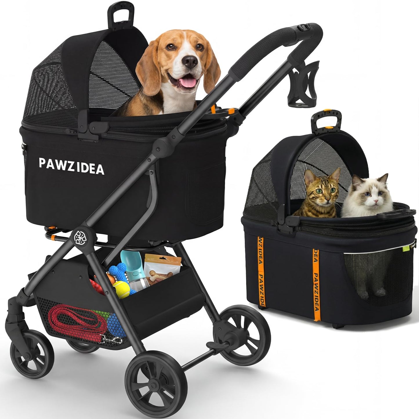 PAWZIDEA 4-in-1 Pet Stroller for Small Medium Dogs & Cats, Foldable Dog Stroller with Detachable Carrier, Escape-Proof No-Zip Canopy, Lightweight Portable Travel Crate & Car Seat Combo, Storage Basket