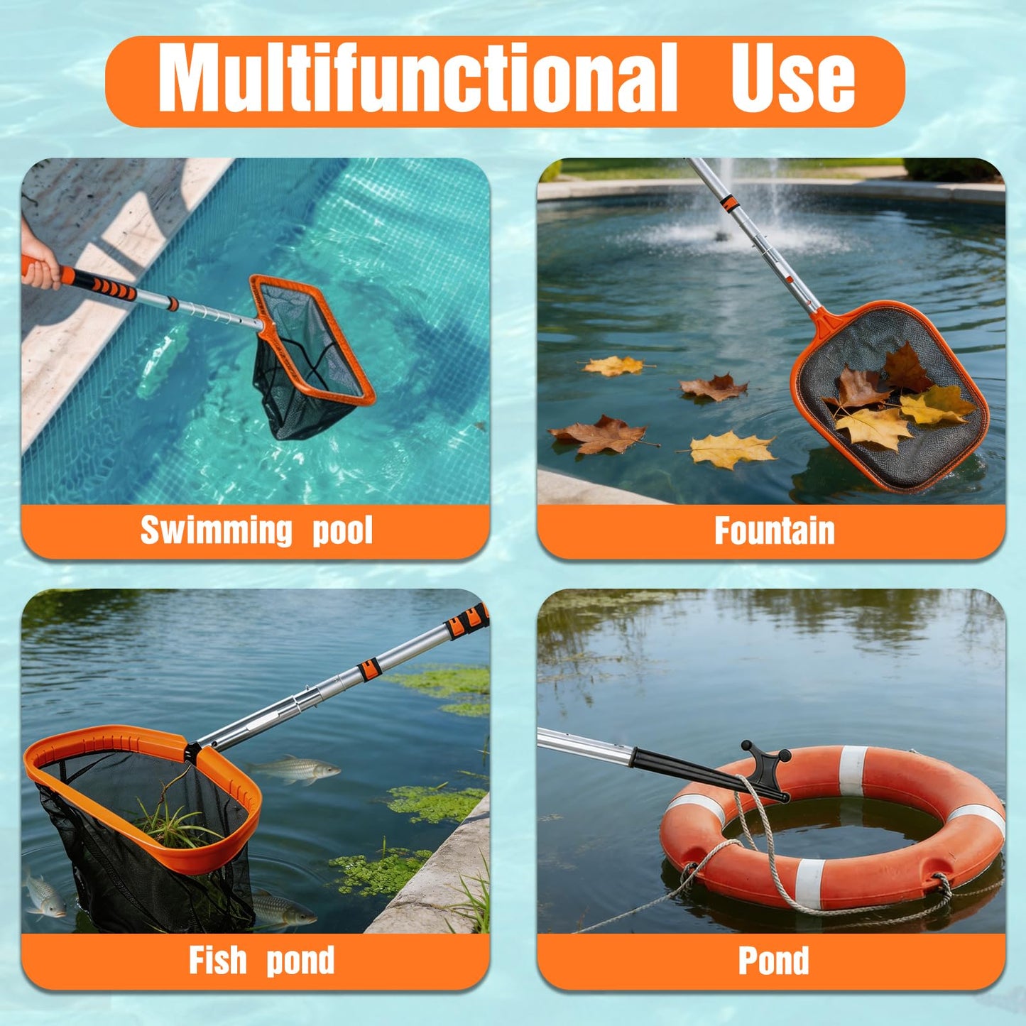 LAANPOLE 4-in-1 Pool Skimmer Net with Pole, Heavy Duty Pool Net and Fine Mesh Leaf Skimmer Net for Above Ground Pool, 16FT Telescopic Pool Pole with Professional Pool Net and Pool Hook for Cleaning