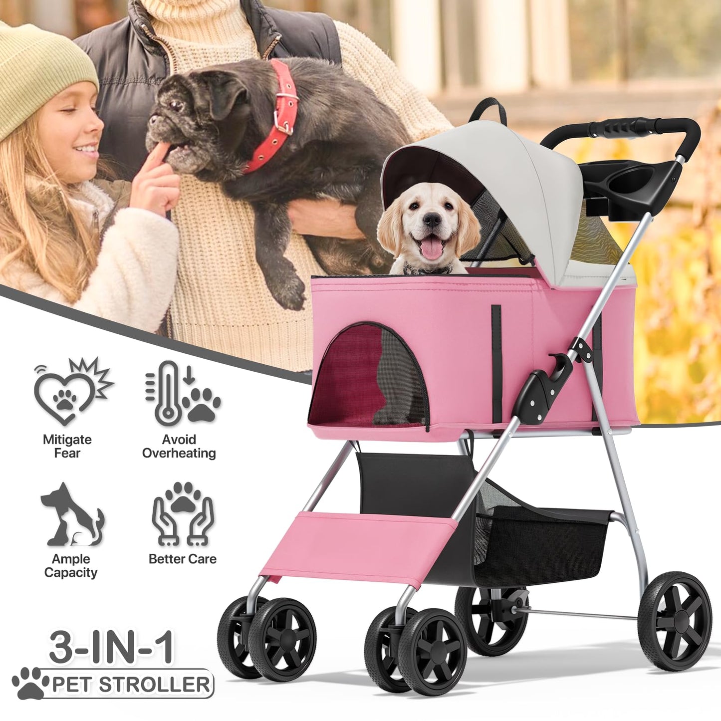 MoNiBloom 3 in 1 Foldable Pet Stroller for Small & Medium Dogs, Detachable Carrier, Car Seat, Push Button Entry, 4-Wheel Jogger for Pets up to 33 lbs, Pink