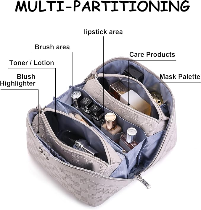 BOYATU Travel Makeup Bag Organizer Cosmetic Bag: 3 Pcs Set Make up Bags for Women with Handle - Waterproof Vegan Leather Toiletry Bags Travel Essentials Pouch with Compartments (03-A-Gray)