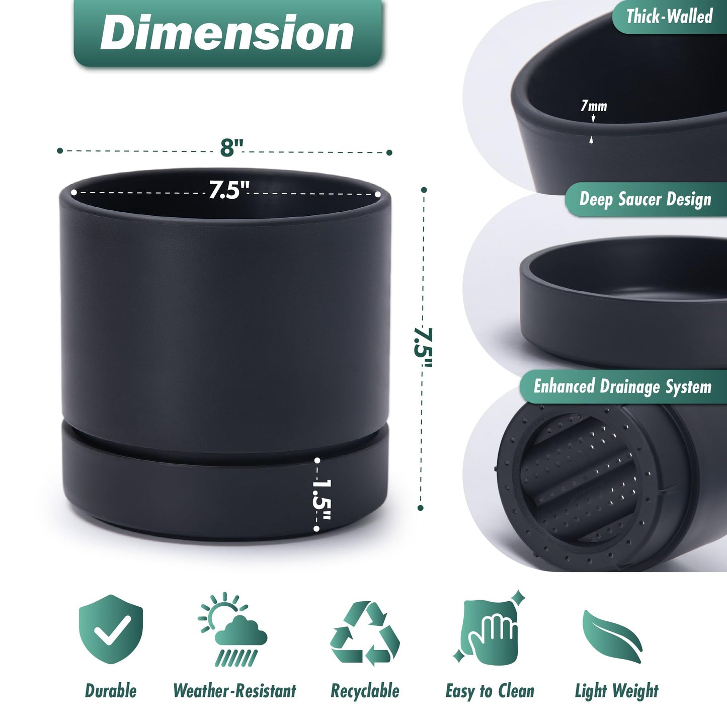 Phoenix Vine 8 Inch Planter Pot with Drainage Hole & Saucer, Deep Water Catch Tray, Straight Cylindrical Round Pot for Plants, Matte Black, Pack of 1, 23-C-T-1
