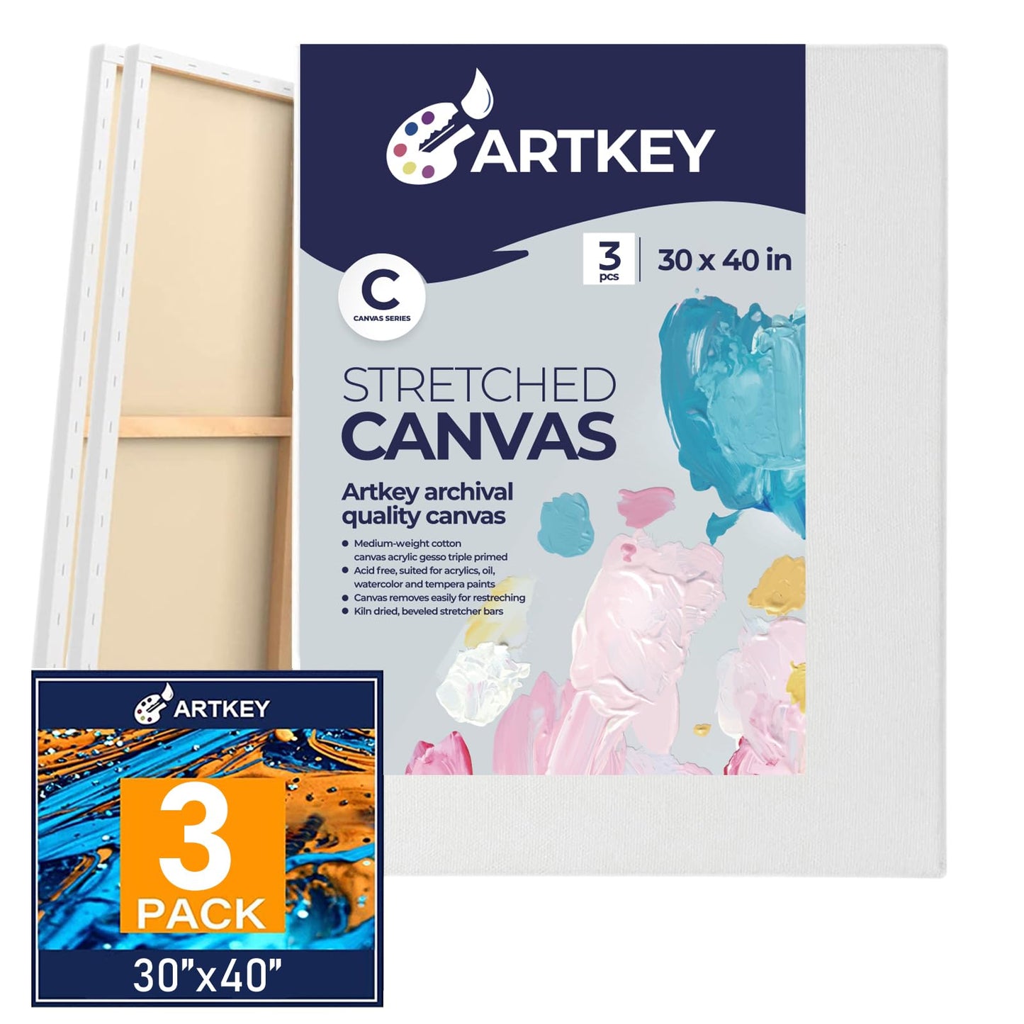 Large Canvas for Painting 30x40 Inch 3-Pack, 12.3 oz Triple Primed 100% Cotton Stretched Canvas, Blank Large Canvases for Oil Paint Acrylics Pouring & Wet Art Media