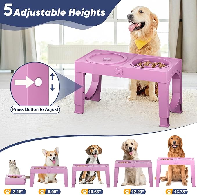 XIAZ Elevated Dog Bowls Large Breed Raised Dogs Bowl Stand Large/Medium Sized Dog Slow Feeder Dogs Bowls Food Water Stands 5 Heights Adjustable 9/11/12/14in Pet Feeder Dish Station