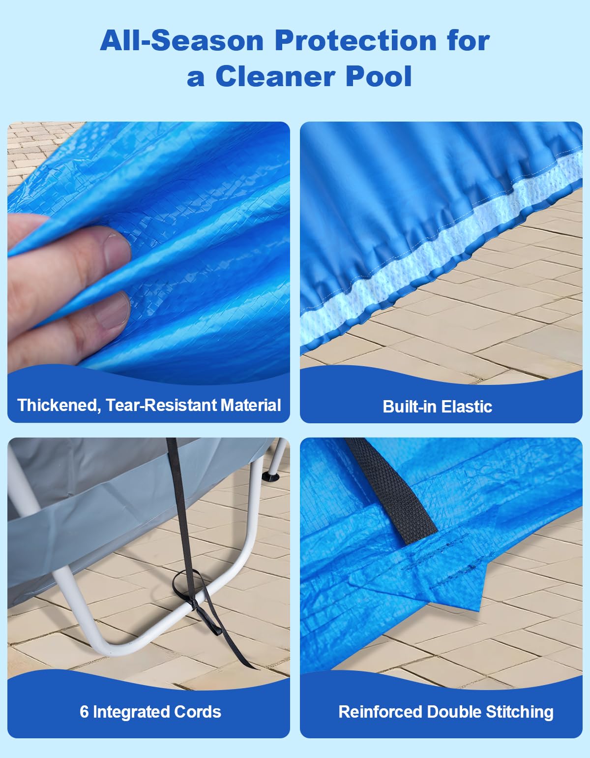 Feelife 16’ x 10’ Oval Pool Cover for Above Ground Pools, Built-in Elastic & 6 Integrated Cords, Easy 20s Setup, Above Ground Swimming Pool Cover Fits 16’ x10’ & 14’x8.2’ Pools