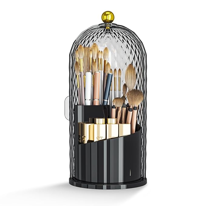 Dustproof Toothbrush Holder with Lid, 360 Rotating Countertop Electric Toothbrush Toothpaste Holders with Cover for Bathroom, 3 Slots Makeup Brush Holder with Lid for Vanity, Black