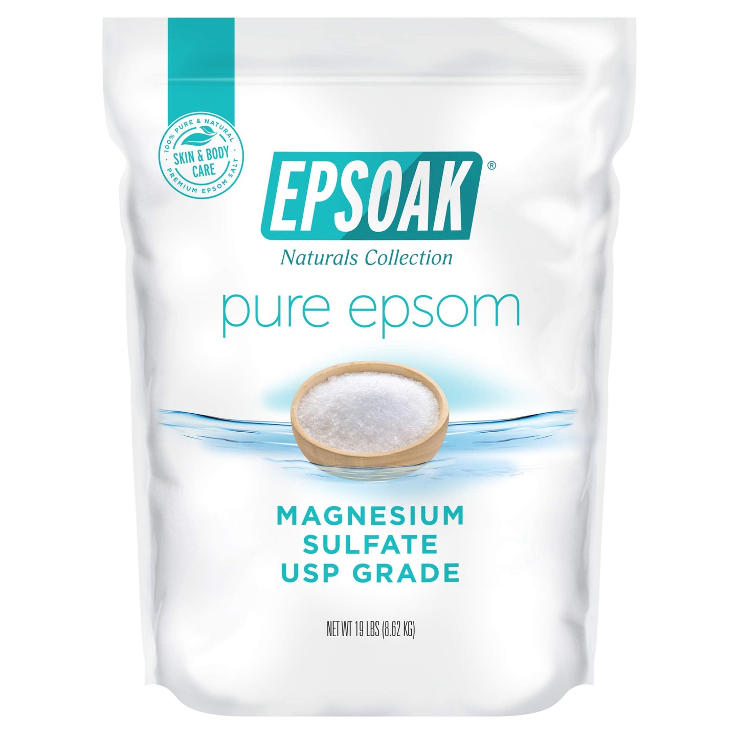 Epsoak Epsom Salt 19 lb. Magnesium Sulfate USP. Resealable Epsom Salt Bag Unscented, Made in The USA, Cruelty-Free Certified