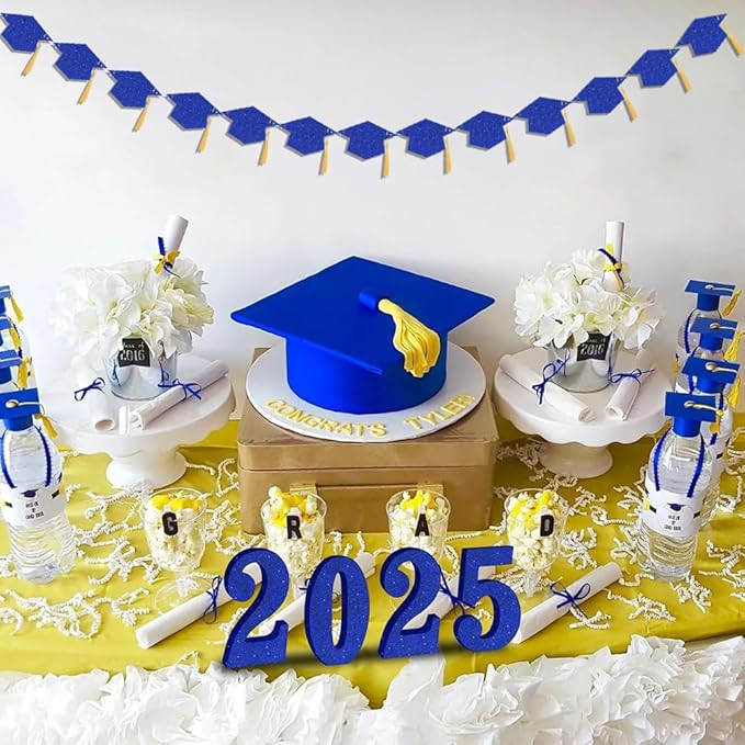2026 Blue Glitter Graduation Decoration Hats Banners with Tassel Class of 2026 Graduation Banners Garlands for College High School Graduate Party Decorations
