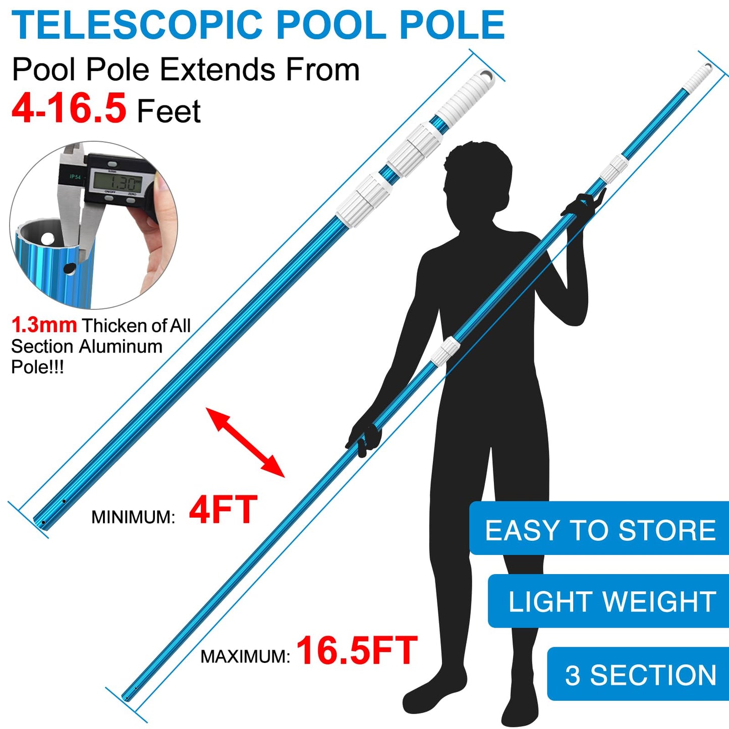 CKE Upgraded 16.5 Feet Thicken 1.3mm Blue Aluminum Telescoping Swimming Pool Pole,Adjustable 3 Piece Expandable Step-Up,Attach Connect Skimmer Net,Rakes,Brushes,Vacuum Head with Hoses, Universal 1.25"