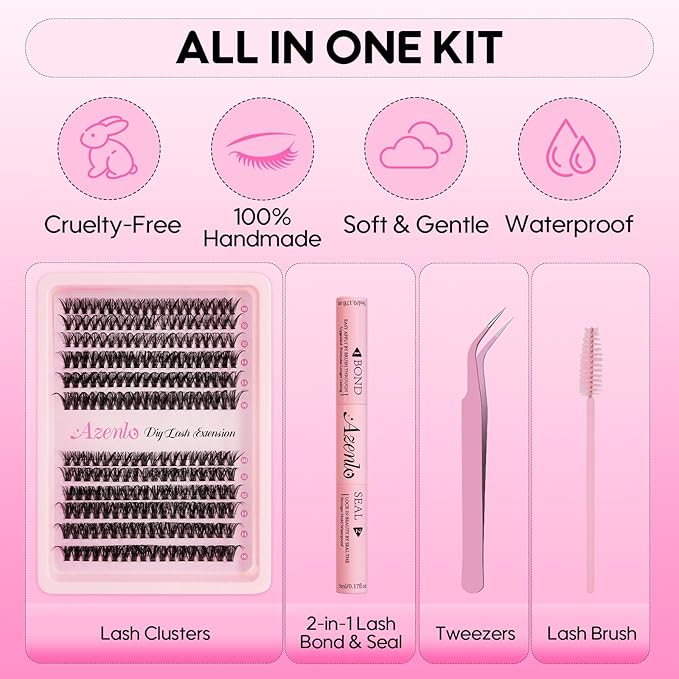 Azenlo Lash Extensions 40D+60D Cluster 240pcs DIY Wispy Lash Clusters 10-16mm Eyelash Clusters for Beginners At Home Individual Thin Band Lash Kit (40D+60D Kit)