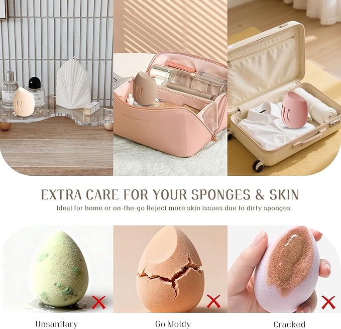 Silicone Makeup Sponge Holder travel case,Double-Sided Breathable Makeup Sponge Case for Business, Travel or Daily,Fit All Sponges,Quick Drying,Easy to Carry (Beige)