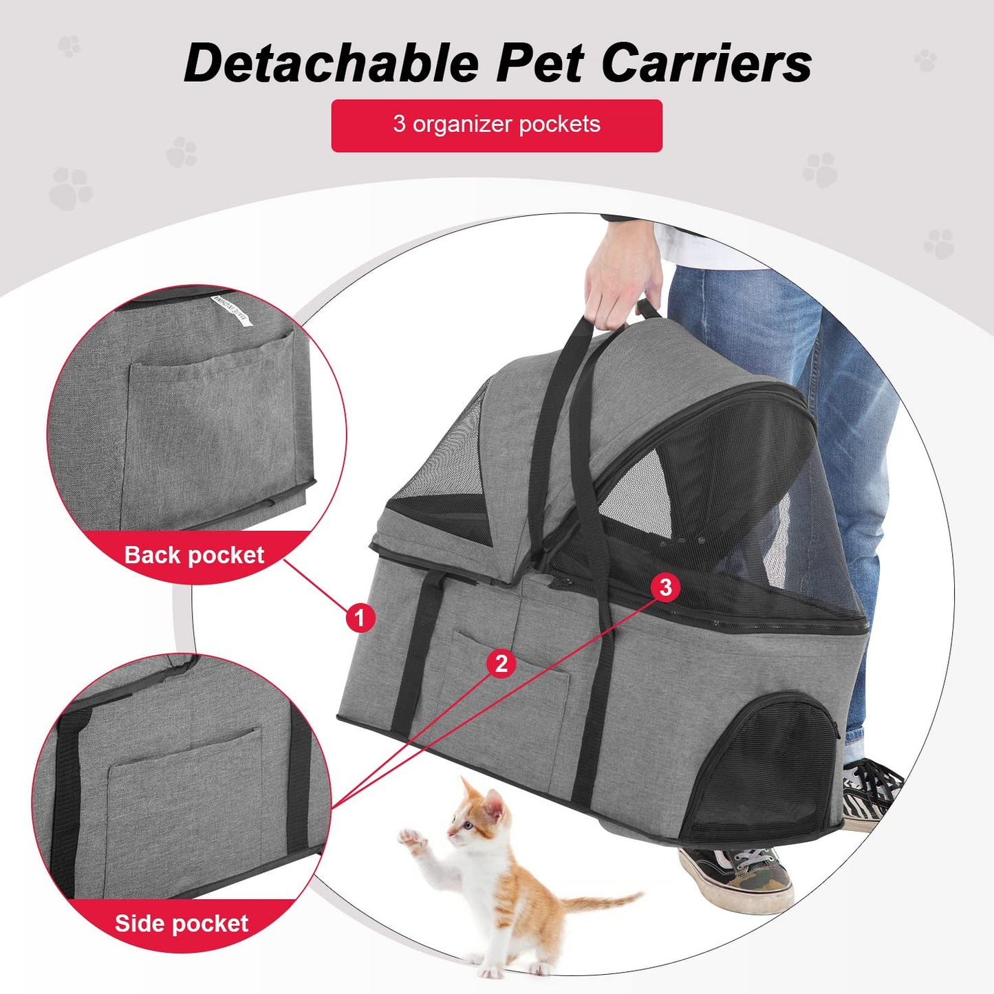 BestPet Pet Stroller Premium 3-in-1 Multifunction Dog Cat Jogger Stroller for Medium Small Dogs Cats with Folding Lightweight Travel & Detachable Carrier,Grey