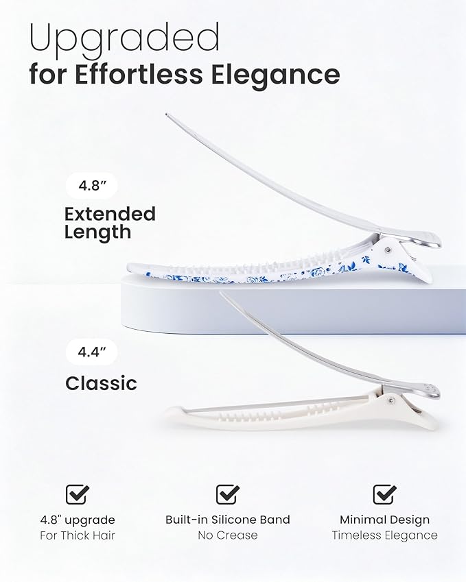AIMIKE 4.8" Porcelia Qing Clips for Styling – Built-In Silicone Band Duckbill Hair Clips, No-Crease Non-Slip Sectioning Clips for Thick, Curly Hair, Ideal for Makeup, Hairstyling & Rollers, 4-Pack
