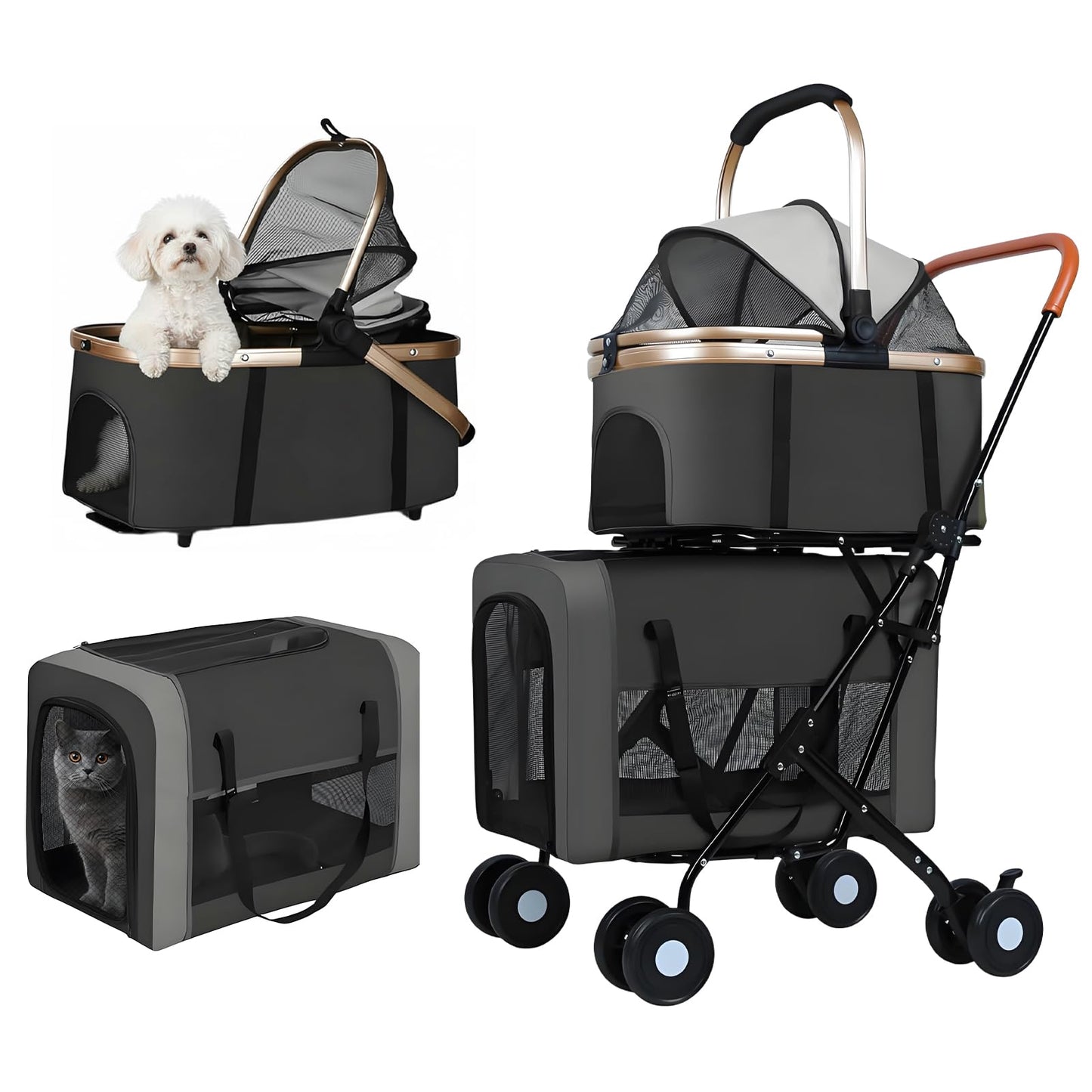 Beuway Double Pet Stroller for Dogs and Cats - Dog Stroller Foldable Travel Carriage with Detachable Carriers, Safety Belts, and 4 Lockable Wheels for Small to Medium Pets (Black)