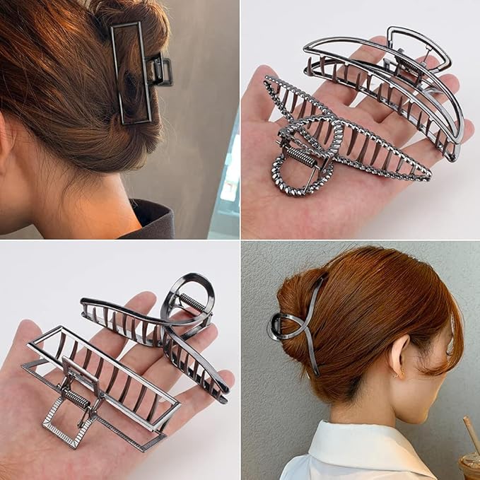 Large Metal Hair Claws for Thick Long Hair - Butterfly Clips with Grip Teeth, Non-Slip Big Jaw Clamps for Women (Black)
