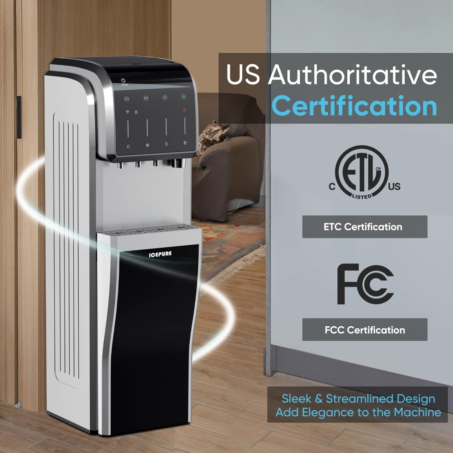 ICEPURE Water Dispenser with Ice Maker, 3-in-1 Hot and Cold Water Cooler with Built-in Bullet Ice Maker Machine, 26.5lbs/24H, Top Loading for 3-5 Gallon Bottle, Child Safety Lock, Black
