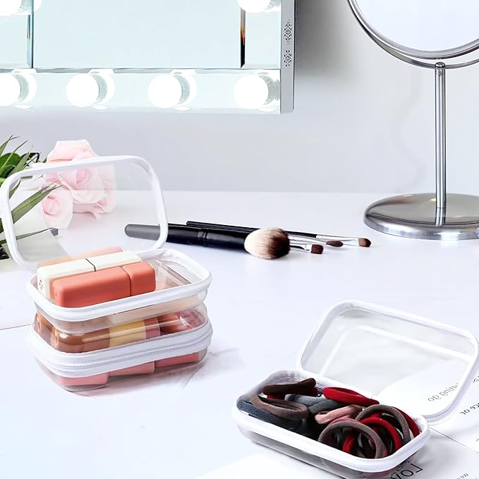 YOPCDJ Clear Hard Shell Zipper Case, Clear Zipper Pouches Waterproof Makeup Organizer & Travel Toiletry Storage Bag, Plastic Pouch for Office, Home, White, 4Pack XL+L+M+S