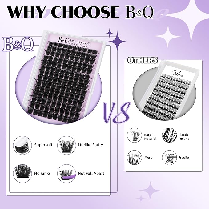 B&Q Fluffy Lash Clusters Thick 300D, Volume Eyelash Clusters 10-18mm, D Curl Cluster Eyelash Extensions, Supersoft Individual Lashes Wispy Cluster Lashes Dramatic Full Look Eyelash（300D）