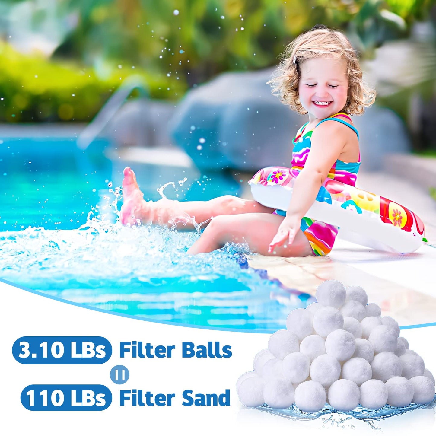 QwayHome 3.1 lbs Pool Filter Balls, Reusable Filter Fiber Balls for Above Ground Pool Sand Pump, Eco-Friendly, Efficient, Clean Water, Equals 110 lbs Filter Sand, White