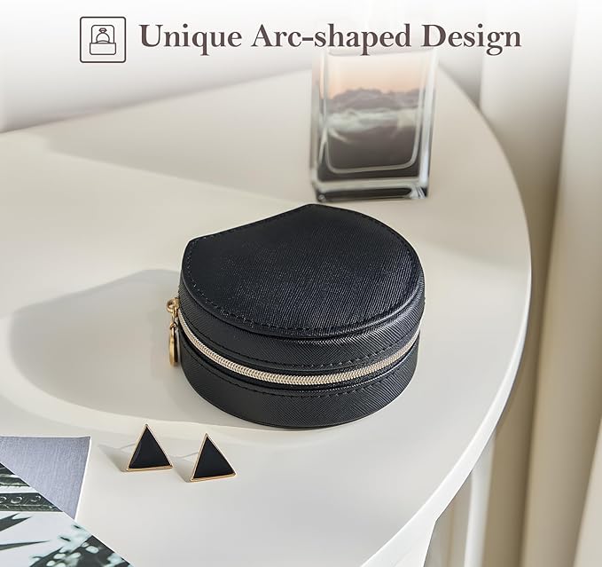ProCase Travel Size Jewelry Box, Mini Portable Seashell-Shaped Jewelry Case, 2 Layer Organizer in PU Leather for Women -Black