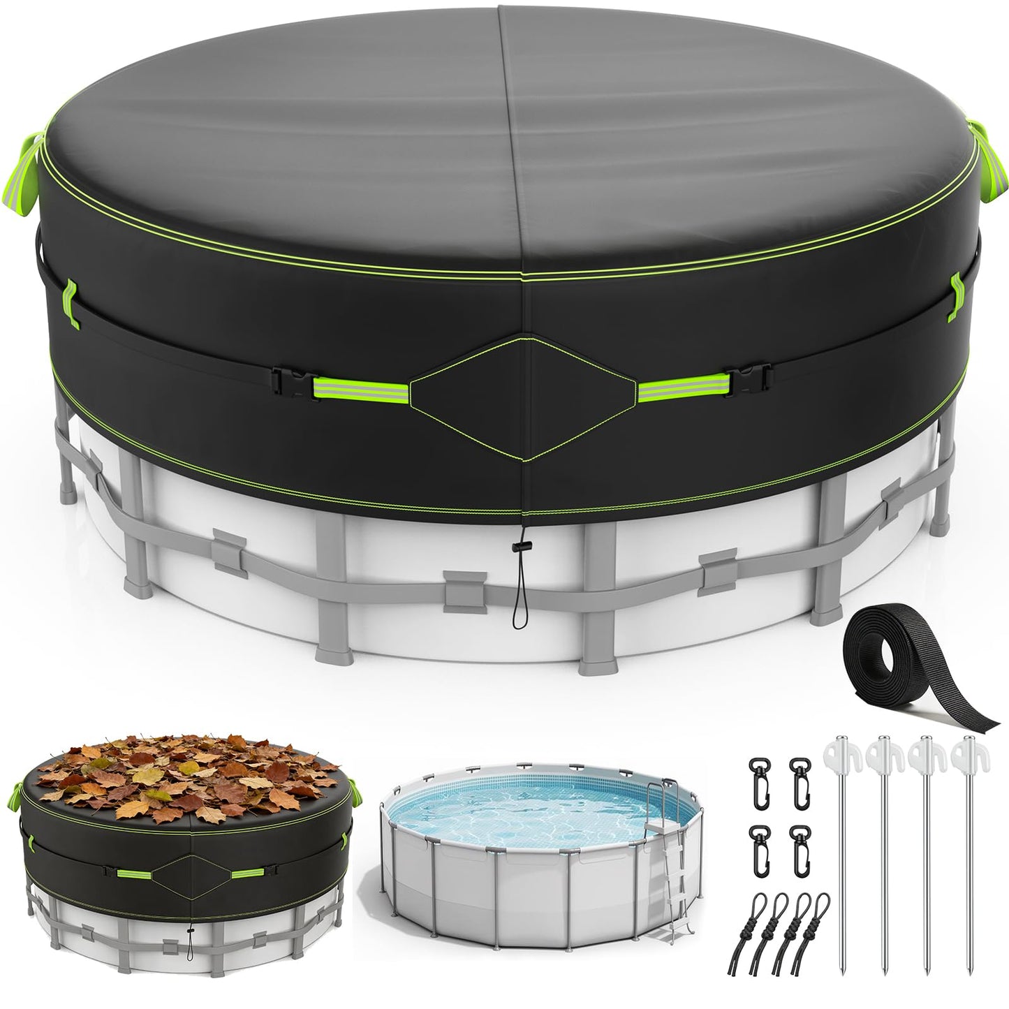 10Ft Round Pool Cover for Above Ground Pools, Safety Solar Pool Covers with Reflective Strips, Rope and Luminous Nails, Upgraded Thicker Oxford, PU Tarp Snug, UV Protected, Windproof, Tear Resistant