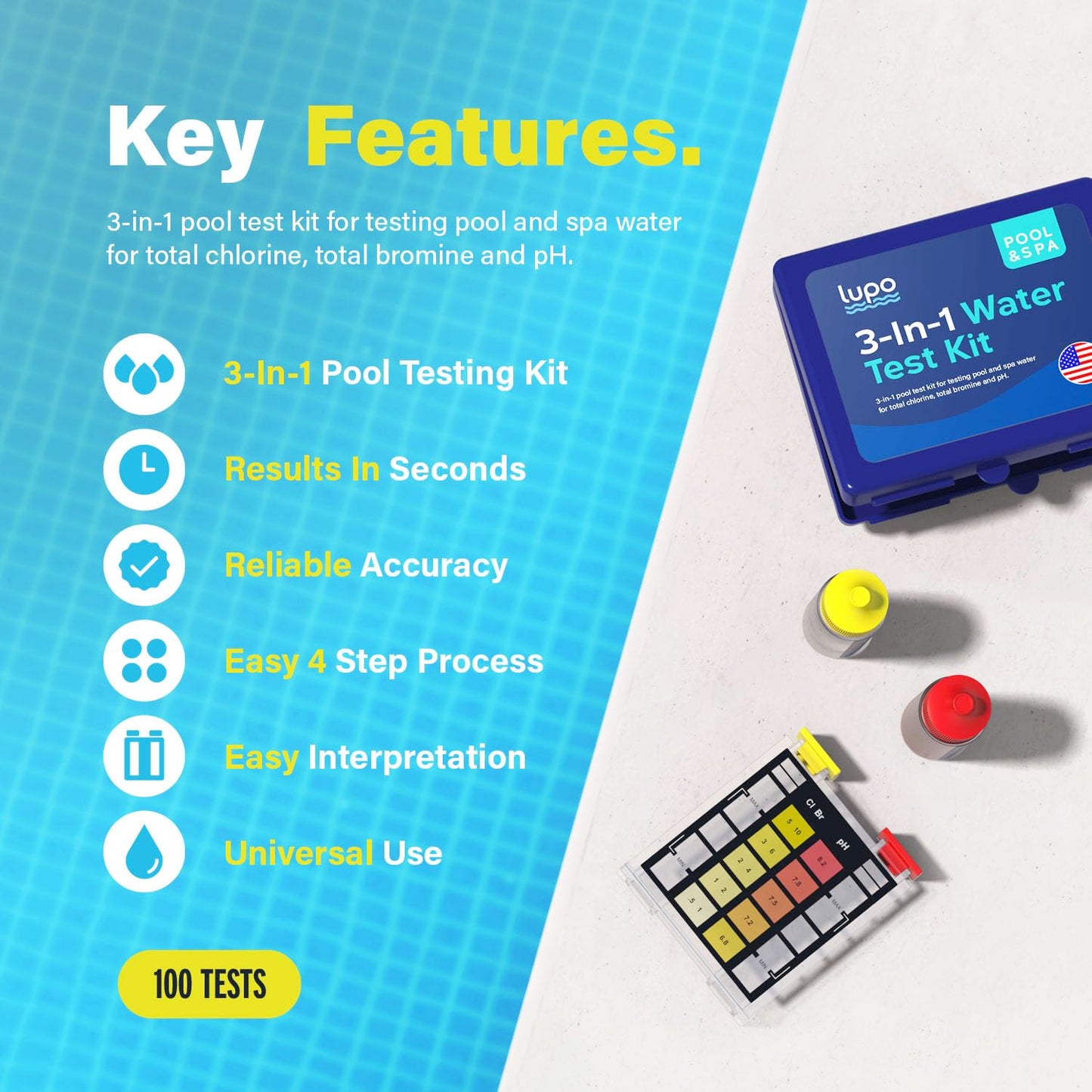Lupo 3-in-1 Pool Test Kit | Pool Testing Kit for Residential Swimming Pools & Spas for Testing Total Chlorine, Total Bromine & pH | Pool Chemical Test for Quick & Accurate At-Home Pool Water Testing