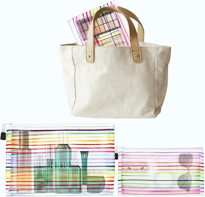 Mesh Bags with Zipper (6 Pack), Nylon Makeup Bag Cosmetic Pouches Travel Organizer Case for Purse Diaper Bag Home Organizing Striped Multi Size White