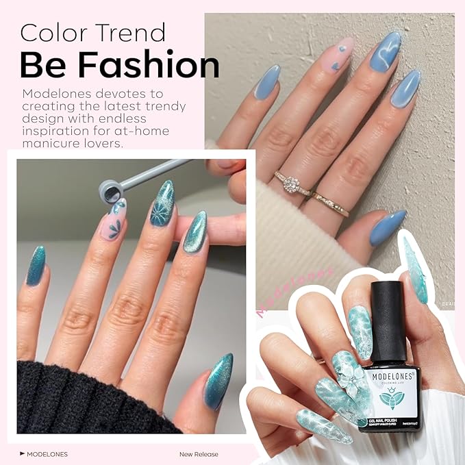 modelones Cat Eye Gel Nail Polish Set, 6 Colors Light Baby Blue Green 9D Cat Eye Glitter Gel Polish with Magnetic Stick Soak Off LED Manicure DIY Salon Gift Starter Kit