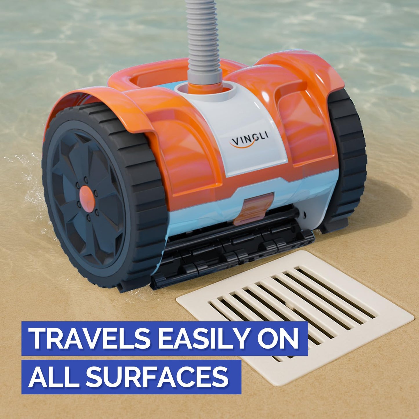 (2025 Upgrade) VINGLI Automatic Suction-Side Pool Vacuum Cleaner, Powerful Wall-Climbing Sweeper for Inground Pools, Includes 39.6ft Tangle-Free Hose (Orange&Gray)