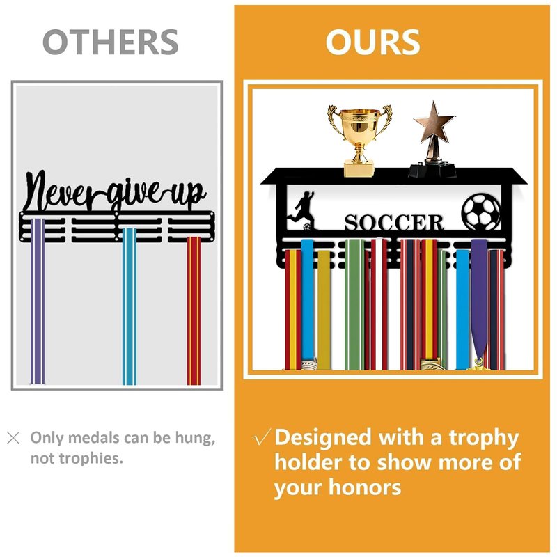 Resama World Cup Soccer Medal Hanger Holder Display Rack with Trophy Shelf, Holder for Awards Ribbons Personalized Medal Sports Themed Race Ribbon Holder for Wall Metal Display for Men Boy Girl Kid