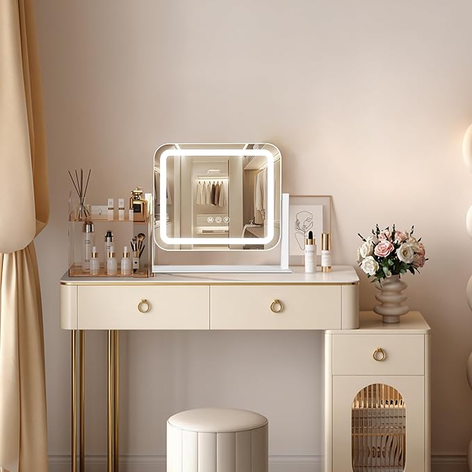 Vanity Mirror with Lights 14"×12", Led Makeup Mirror, Lighted Makeup Mirror with 3 Color Dimmable Lights, Smart Touch Screen Control, 360°Rotation