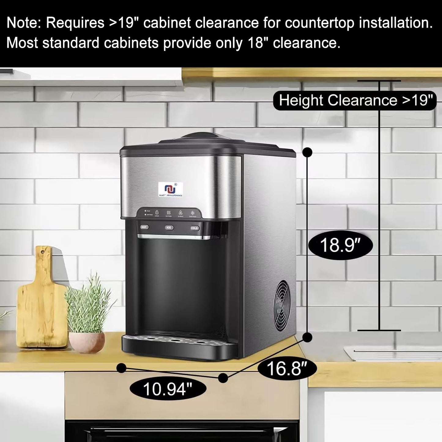 NUNET 3-in-1 Ice Maker Water Dispenser Water Cooler Filled by Water Line w. 10ft Water Inlet Hose 1/2" &1/4" Connector Hot/Cold Water Ready Makes 44 lbs Ice Daily Stores 4lb Ice