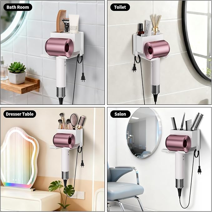 YSD Hair Dryer Holder Wall Mounted, Hair Tool Organizer, Blow Dryer Hanger for Dryer Hook, Bathroom Space-Saving Blow Dryer Organizer, White Curling Irons Storage