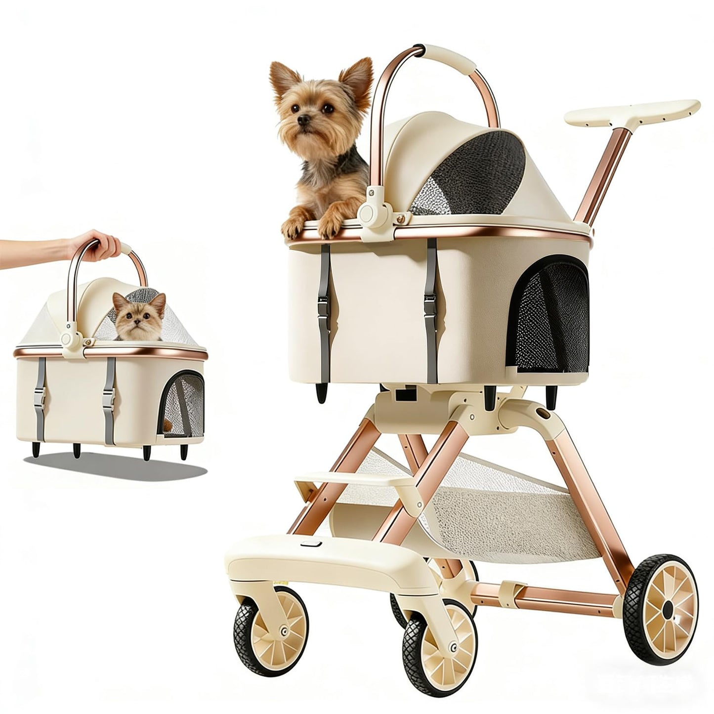 EPPMagice All-Terrain Pet Stroller for Small Medium Dogs & Cats, 20 lbs Capacity - Portable Carrier with One-Touch Brake, Lightweight Foldable Design & Shock Absorption Wheels,Khaki