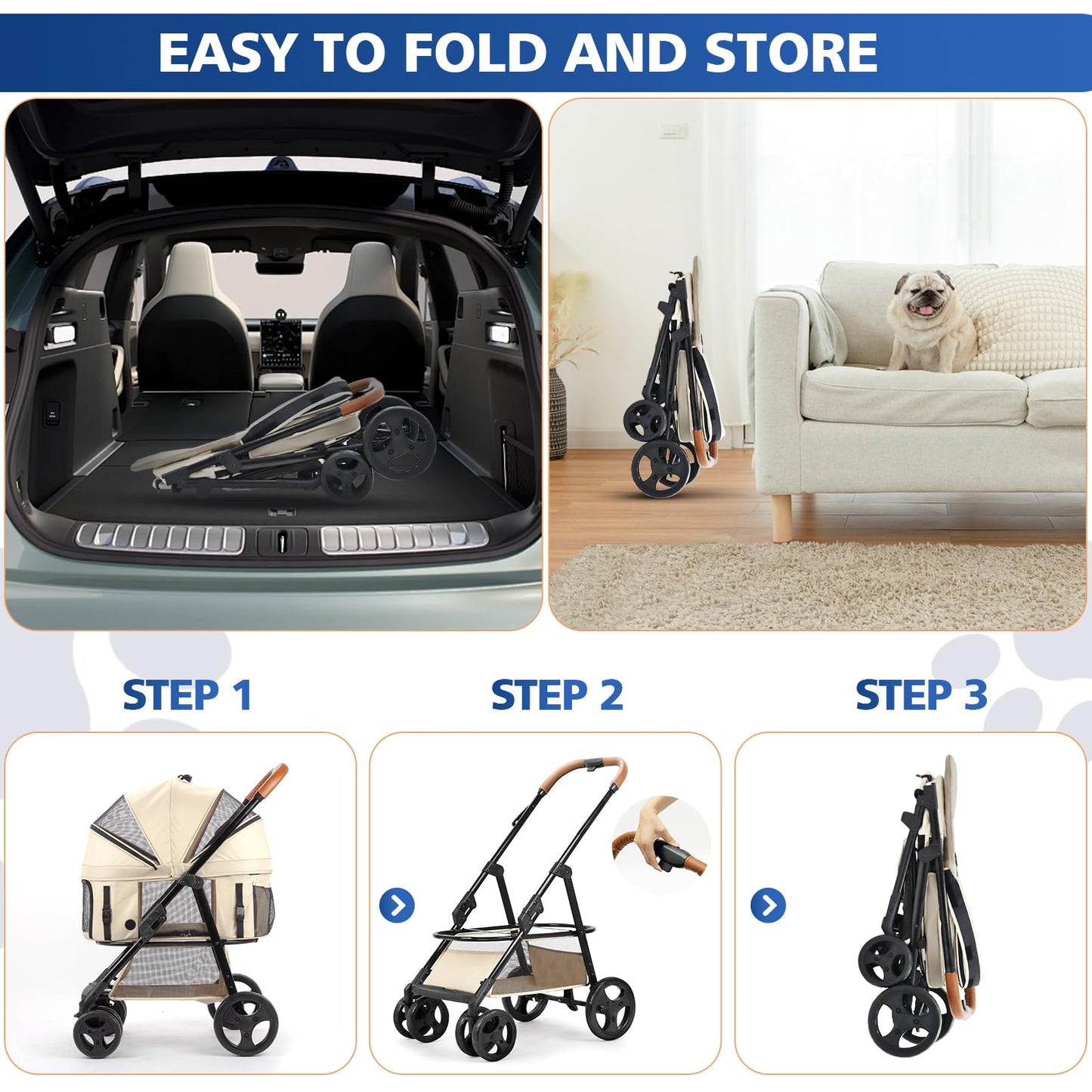 4 Wheels Pet Stroller for Small/Medium Dogs and Cats,Dog Stroller with Detachable Carrier and Storage Basket,One Click Folding,Compact Portable,Up to 50lbs,3 in1 Multifunctional(Grey)